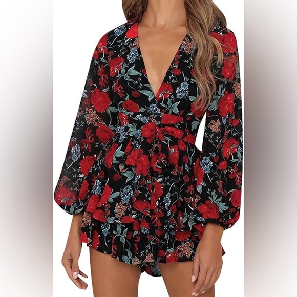 Women's Floral Print Deep V-Neck Romper Double Layer Ruffle - Picture 1 of 4